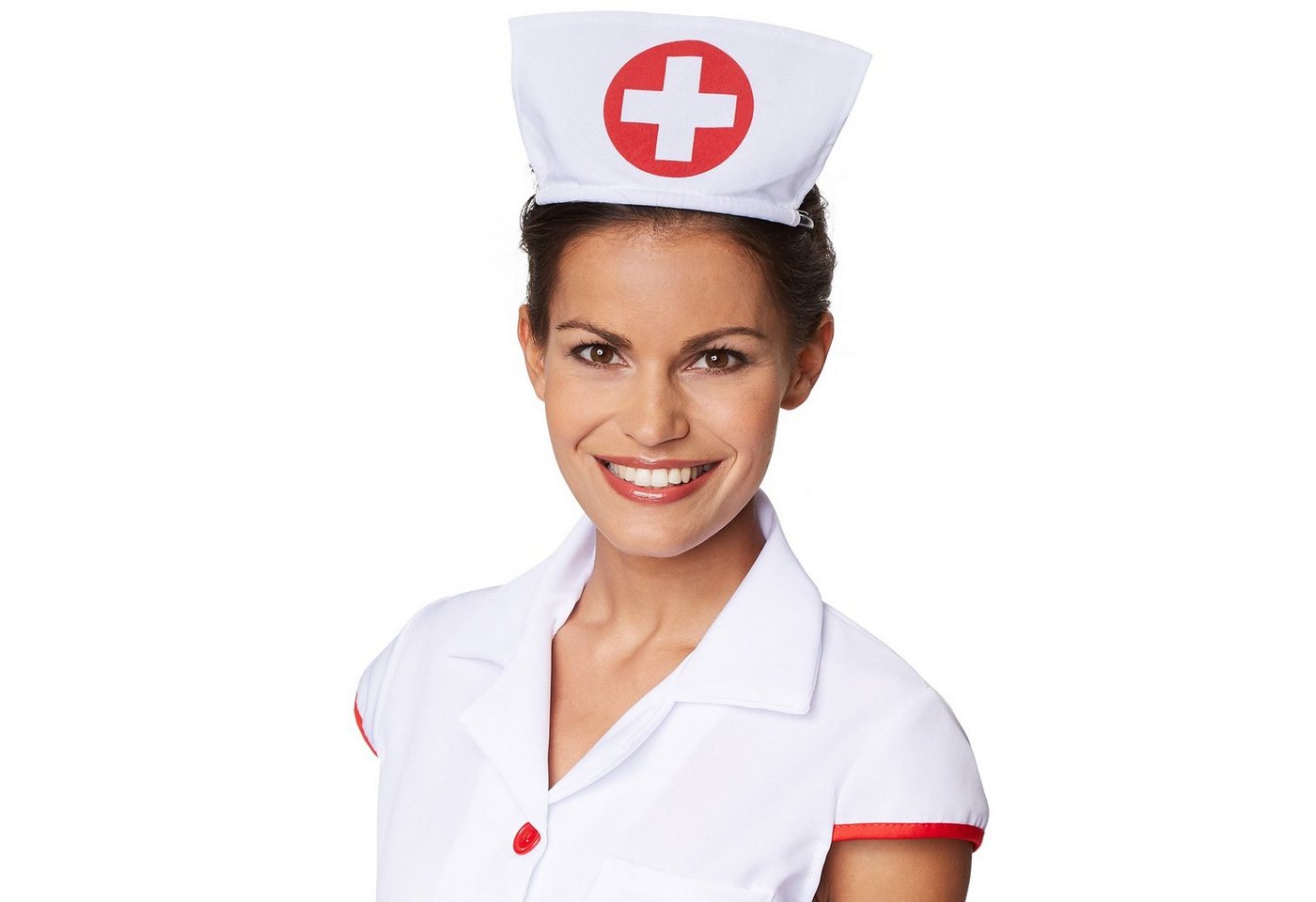 dressforfun Kostüm Krankenschwester/Pflegerin, in rot/weiß, Gr. M, Vorn mit Knöpfen, kurzes Kleid, Aufgedrucktes rotes Kreuz, Inkl. Haarreifen Bild 2
