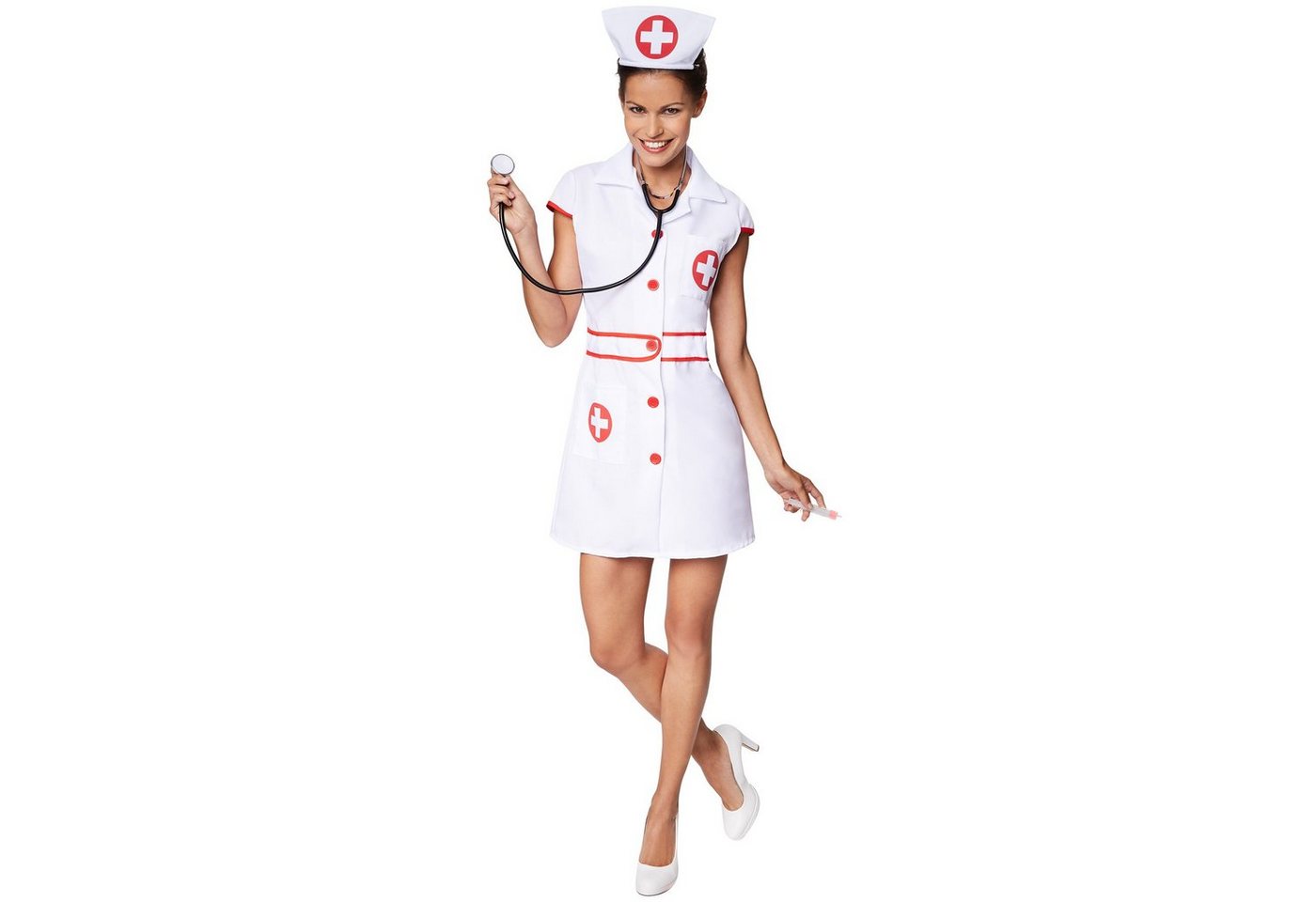 dressforfun Kostüm Krankenschwester/Pflegerin, in rot/weiß, Gr. M, Vorn mit Knöpfen, kurzes Kleid, Aufgedrucktes rotes Kreuz, Inkl. Haarreifen Bild 4