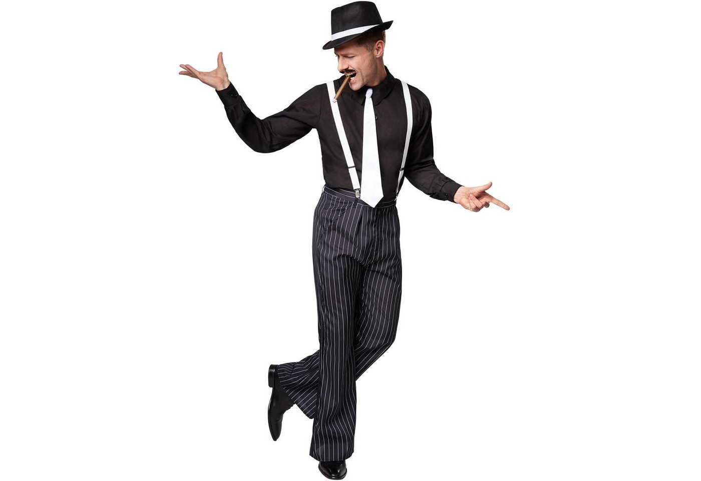 dressforfun Kostüm Edelmann, auch Kavalier, in schwarz/weiß, Gr. XL, Weiße Hosenträger, Langarm-Hemd, Hose mit Nadelstreifen, Weiße Krawatte mit Gummizug Bild 2