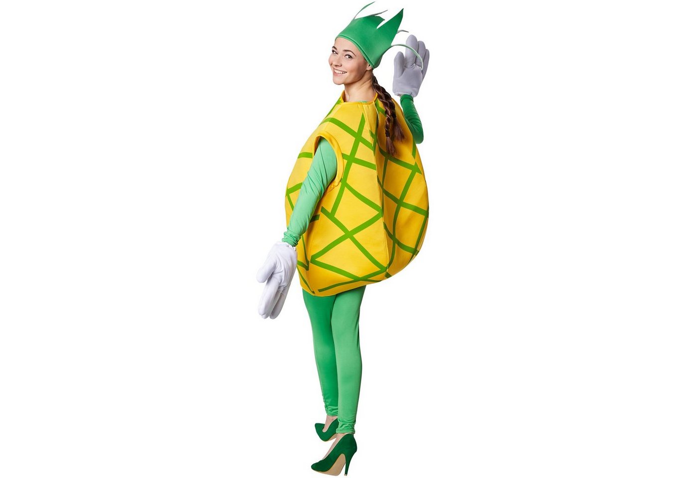 dressforfun Lebensmittel-Kostüm Obstfigur, auch Fruchtgewand, in gelb/grün, Große lustige Handschuhe, Konfektionsgröße M, Inkl. Kopfbedeckung in Form eines Blattschopfes Bild 2
