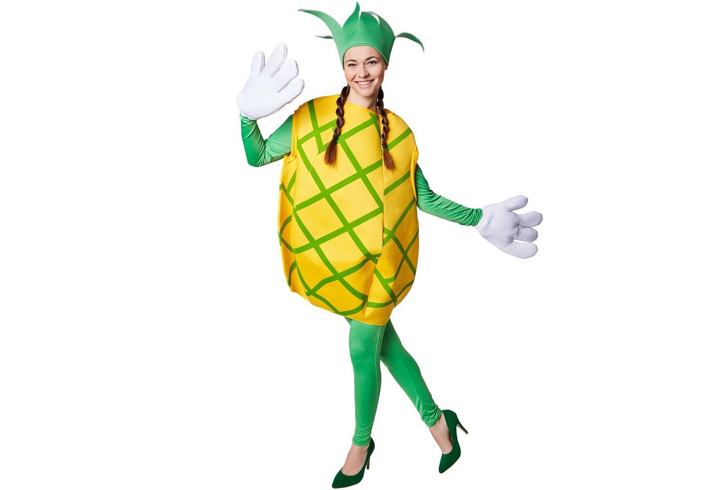 dressforfun Lebensmittel-Kostüm Obstfigur, auch Fruchtgewand, in gelb/grün, Große lustige Handschuhe, Konfektionsgröße M, Inkl. Kopfbedeckung in Form eines Blattschopfes Bild 3