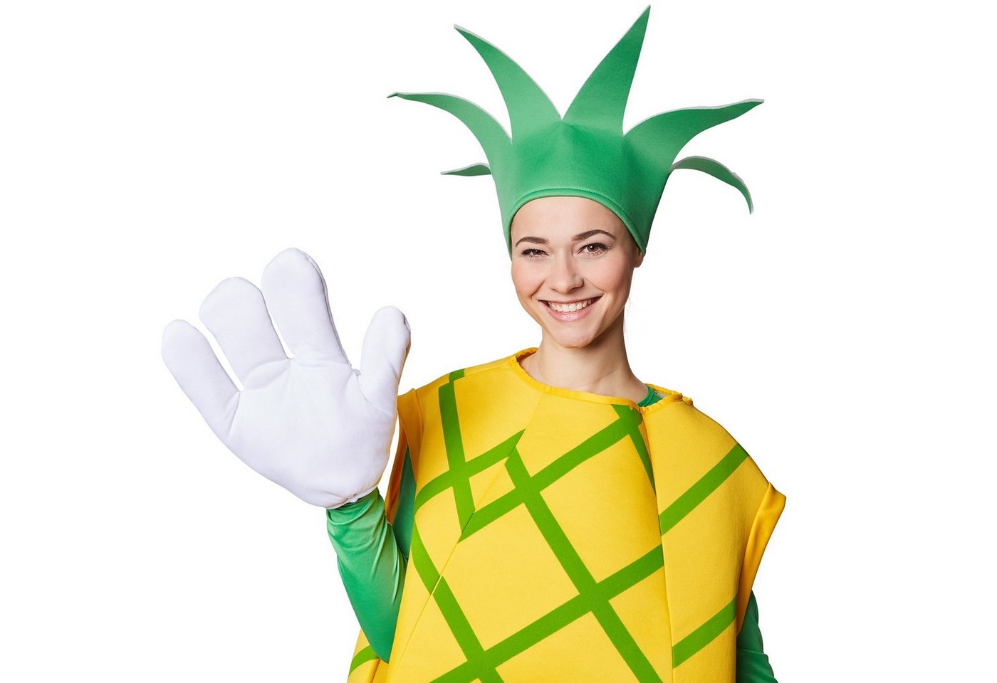 dressforfun Lebensmittel-Kostüm Obstfigur, auch Fruchtgewand, in gelb/grün, Große lustige Handschuhe, Konfektionsgröße M, Inkl. Kopfbedeckung in Form eines Blattschopfes Bild 5