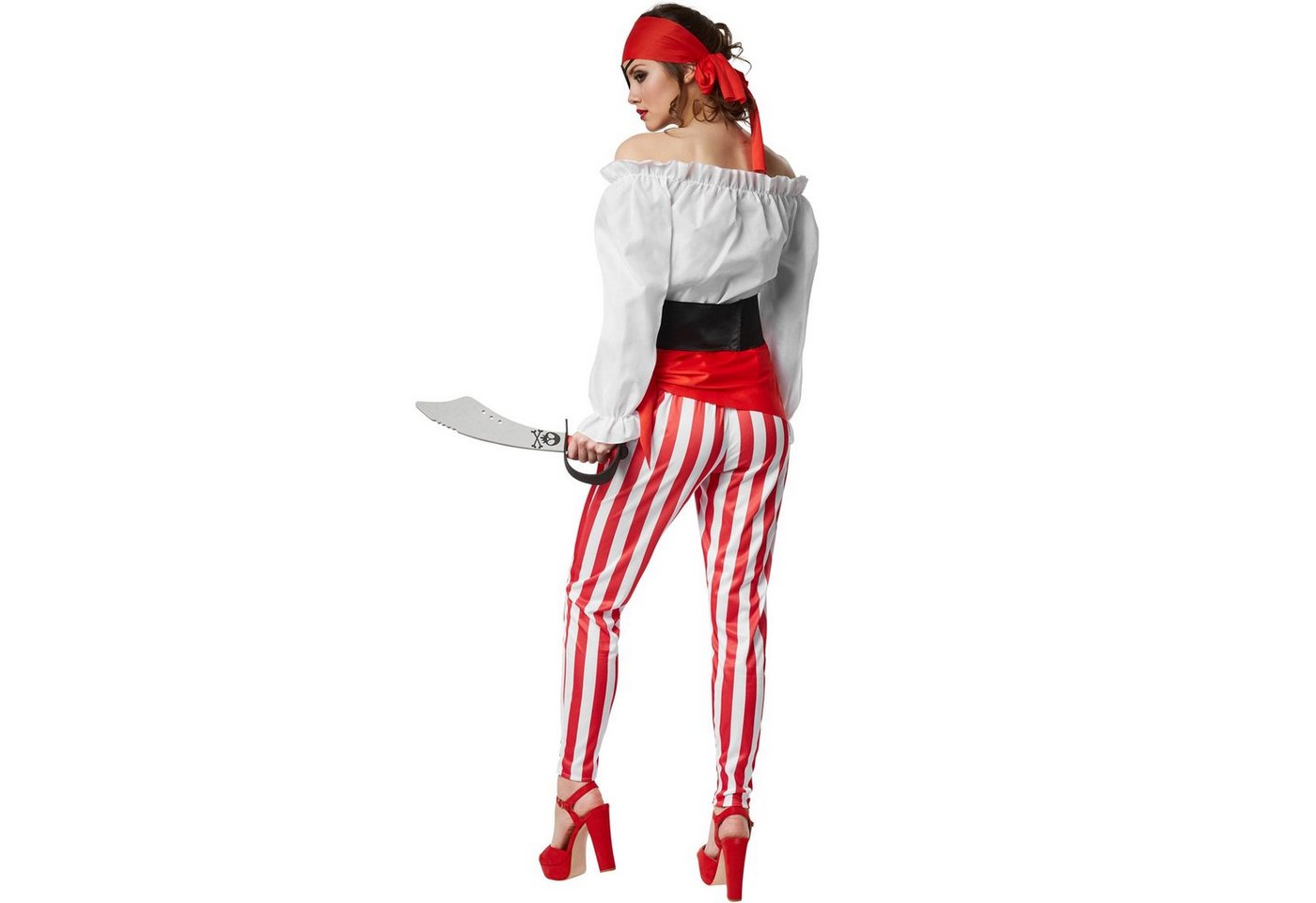 dressforfun Piraten-Kostüm Seeräuber/Freibeuter, in rot/weiß, Gr. M, Kopfband und Augenklappe, Langärmelige schulterfreie Bluse, Gestreifte knöchellange Hose
