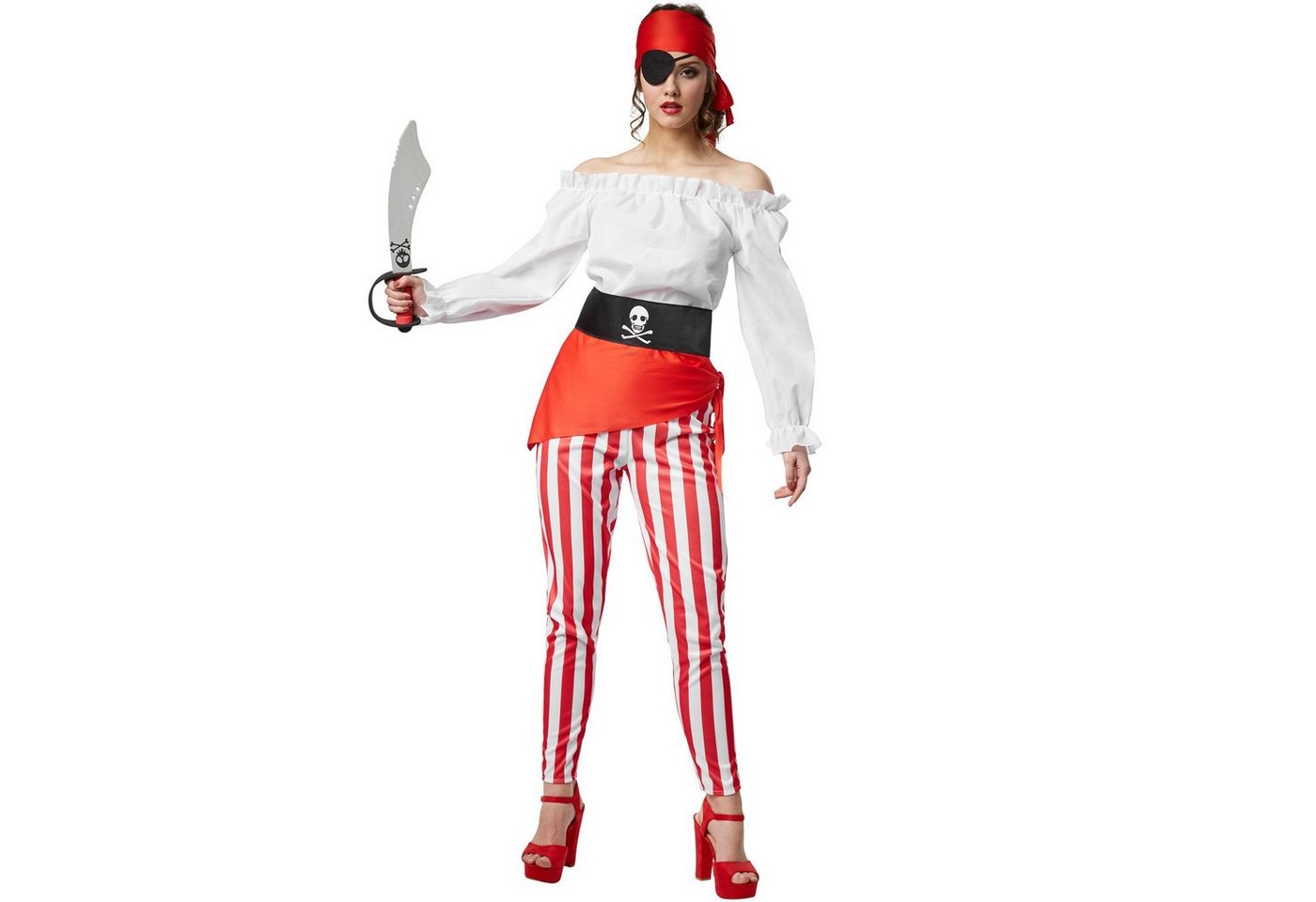 dressforfun Piraten-Kostüm Seeräuber/Freibeuter, in rot/weiß, Gr. M, Kopfband und Augenklappe, Langärmelige schulterfreie Bluse, Gestreifte knöchellange Hose Bild 3