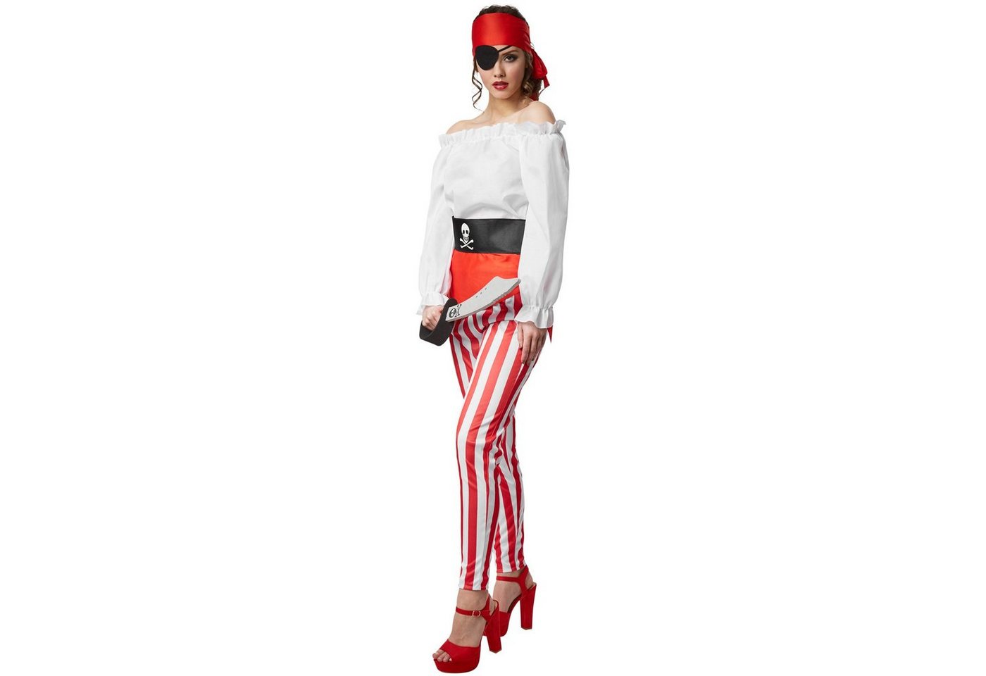 dressforfun Piraten-Kostüm Seeräuber/Freibeuter, in rot/weiß, Gr. M, Kopfband und Augenklappe, Langärmelige schulterfreie Bluse, Gestreifte knöchellange Hose Bild 5