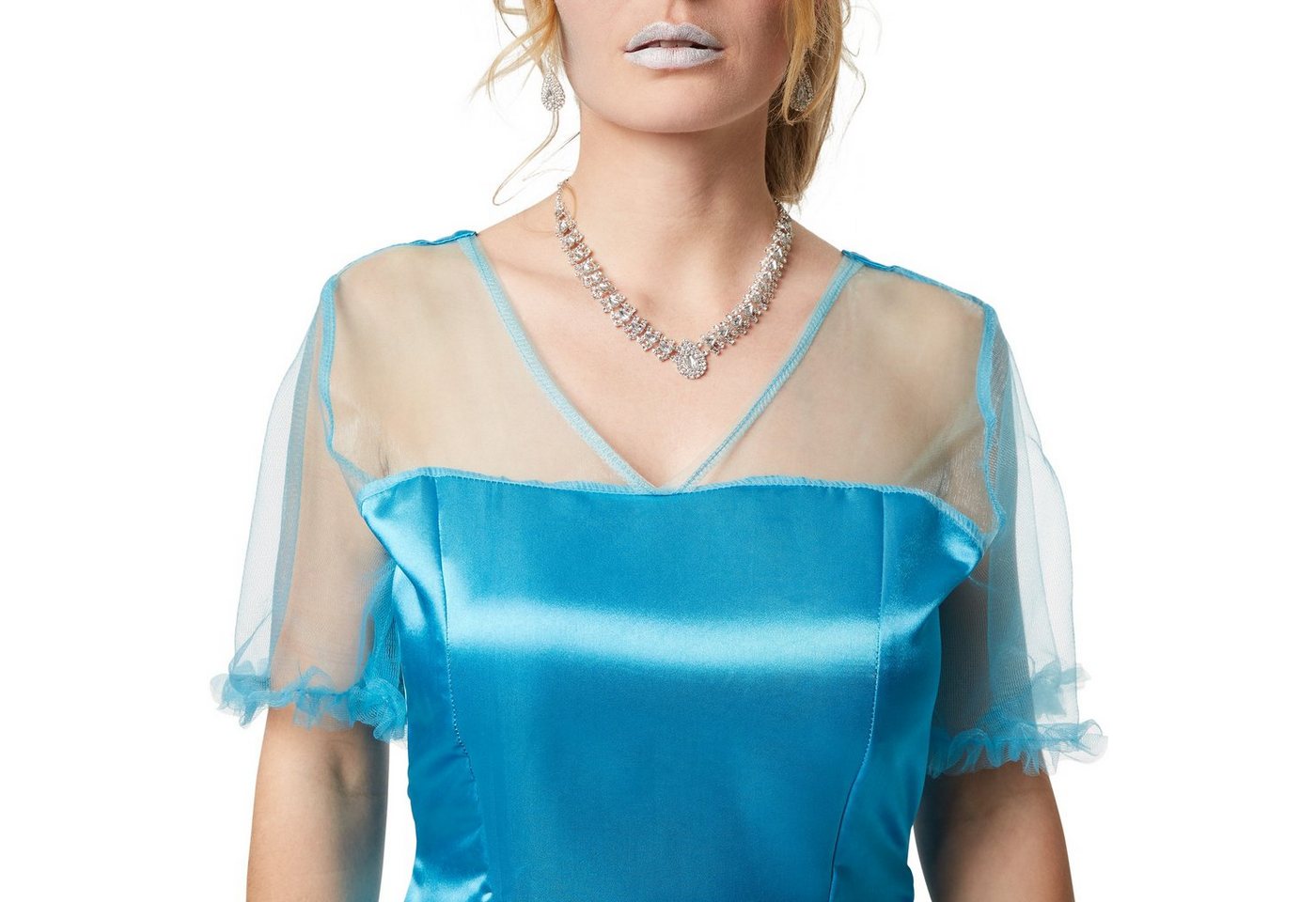 dressforfun Kostüm Märchenprinzessin, auch Königstochter, Gr. M, Kurze abgenähte Ärmel, in blau/weiß, Gewand für Prinzessinnen, Überrock aus edlem Organza Bild 4