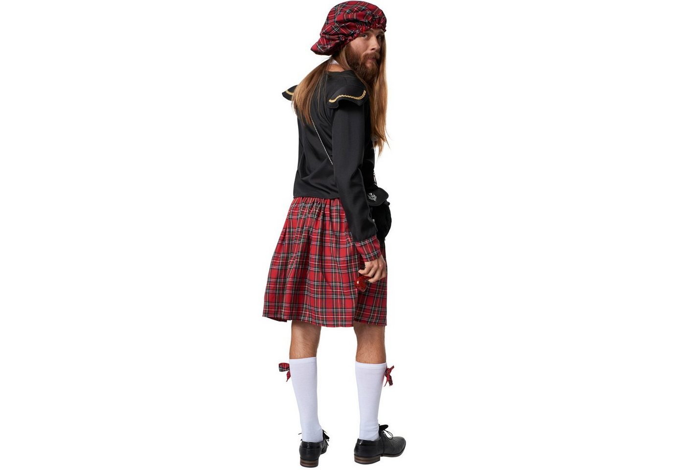 dressforfun Kostüm Hochländer/Schottländer, in schwarz/rot, Gr. M, Edles Schottenkostüm, Ballonmütze mit Gummizug, Kilt mit Kniestrümpfen, Großer Spitzenkragen