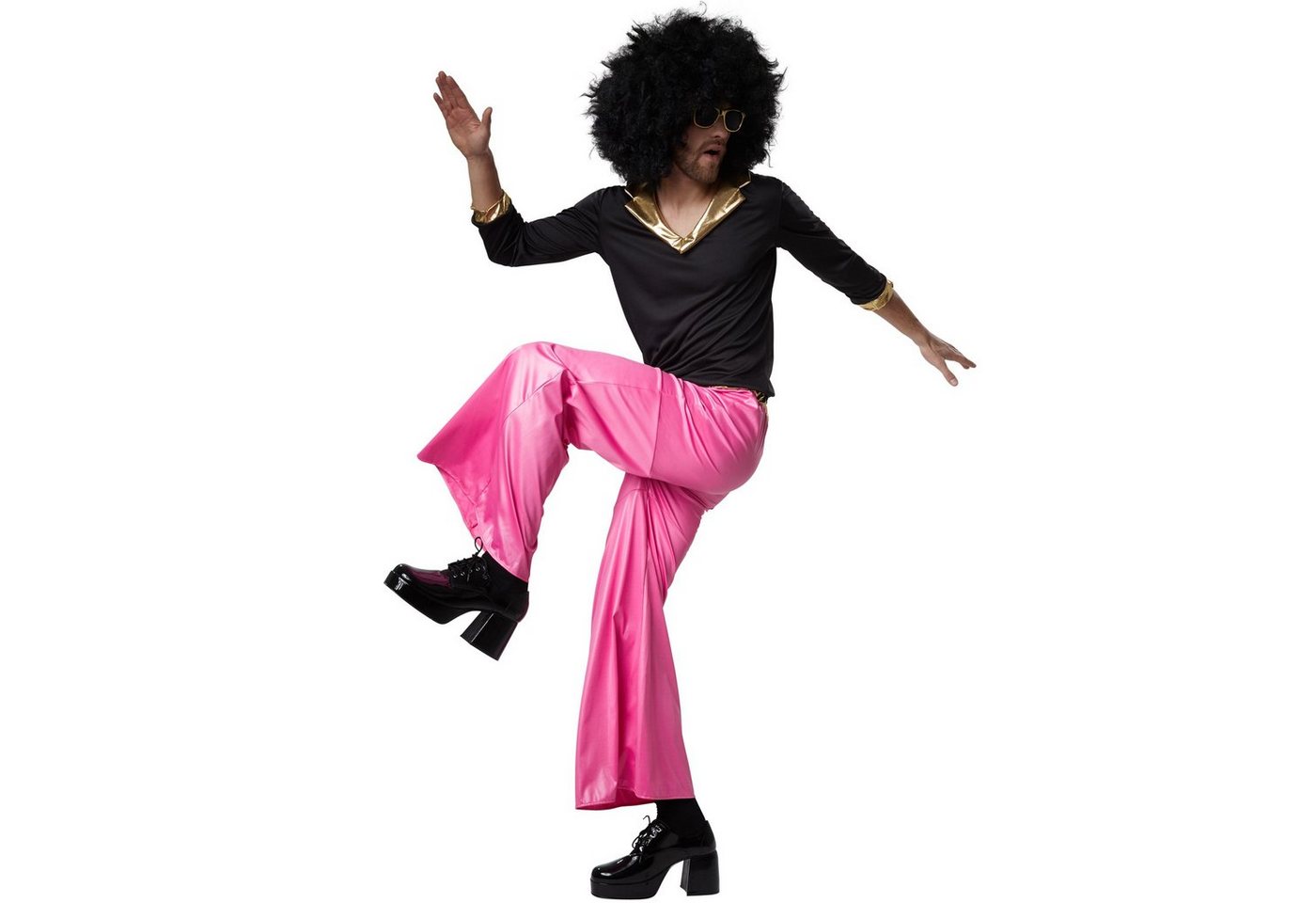 dressforfun Hippie-Kostüm Tänzer, auch Sänger, in der Farbe schwarz/pink, Gr. XL, Hosenbund, Schlaghose mit Gummizug, Figurbetontes Oberteil mit langen Ärmeln