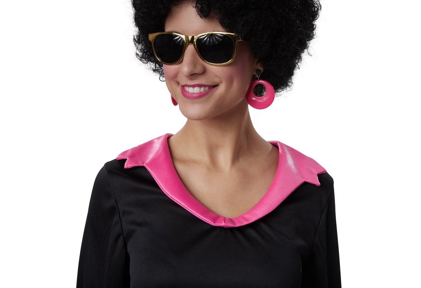 dressforfun Hippie-Kostüm Tänzerin/Partygängerin, Zweiteiliges Disco-Outfit im Stil der 70er, in schwarz/pink, Gr. XL, Lange Hose mit Gummizug und goldenem Bund Bild 3