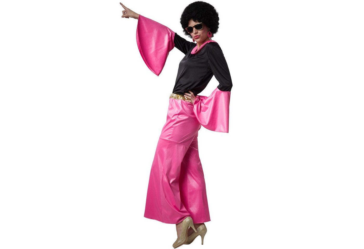 dressforfun Hippie-Kostüm Tänzerin/Partygängerin, Zweiteiliges Disco-Outfit im Stil der 70er, in schwarz/pink, Gr. XL, Lange Hose mit Gummizug und goldenem Bund Bild 4