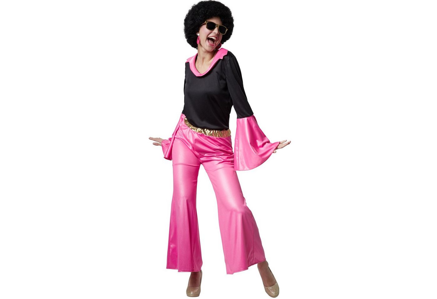 dressforfun Hippie-Kostüm Tänzerin/Partygängerin, Zweiteiliges Disco-Outfit im Stil der 70er, in schwarz/pink, Gr. XL, Lange Hose mit Gummizug und goldenem Bund Bild 5