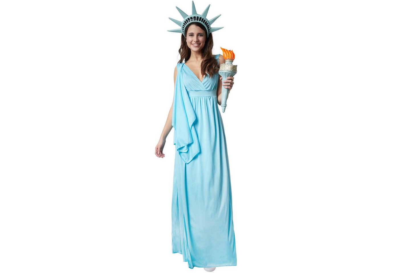 dressforfun Kostüm Freiheitsstatue/Freiheitsgöttin, in blau, Gr. XL, Tiefer, Ärmelloses Gewand im antiken Stil, Hellblauer glänzender Stoff