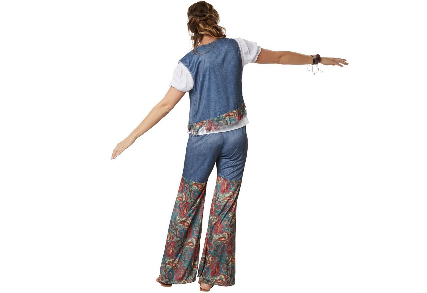 dressforfun Hippie-Kostüm Blumenkind/Friedensfreund, in der Farbe blau, Konfektionsgröße XL, Kurze Ärmel mit Gummizug und Rüschung, Ärmellose Jacke mit Fransen