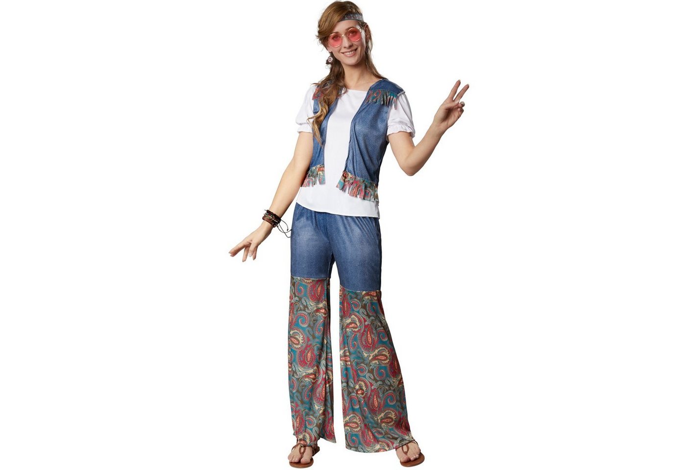 dressforfun Hippie-Kostüm Blumenkind/Friedensfreund, in der Farbe blau, Konfektionsgröße XL, Kurze Ärmel mit Gummizug und Rüschung, Ärmellose Jacke mit Fransen Bild 2
