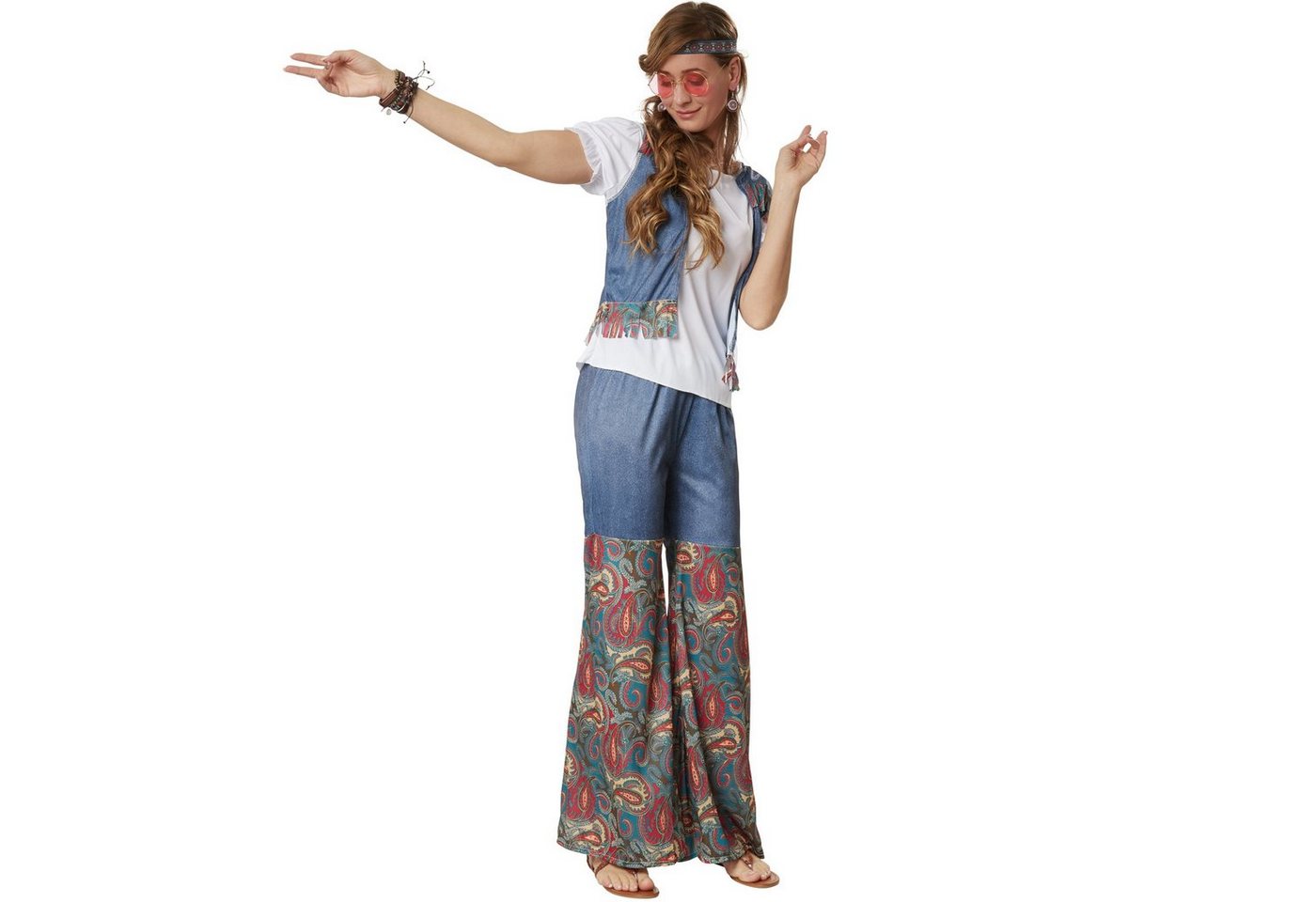 dressforfun Hippie-Kostüm Blumenkind/Friedensfreund, in der Farbe blau, Konfektionsgröße XL, Kurze Ärmel mit Gummizug und Rüschung, Ärmellose Jacke mit Fransen Bild 4
