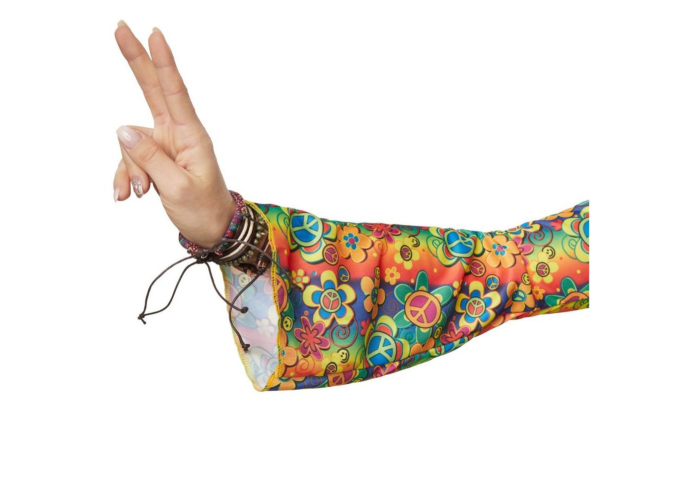 dressforfun Hippie-Kostüm Blumenkind/Friedensfreund, Gr. L, Kurzes Kleid mit bunten Mustern, in bunt, Ärmellose Weste in Wildlederoptik mit langen Fransen
