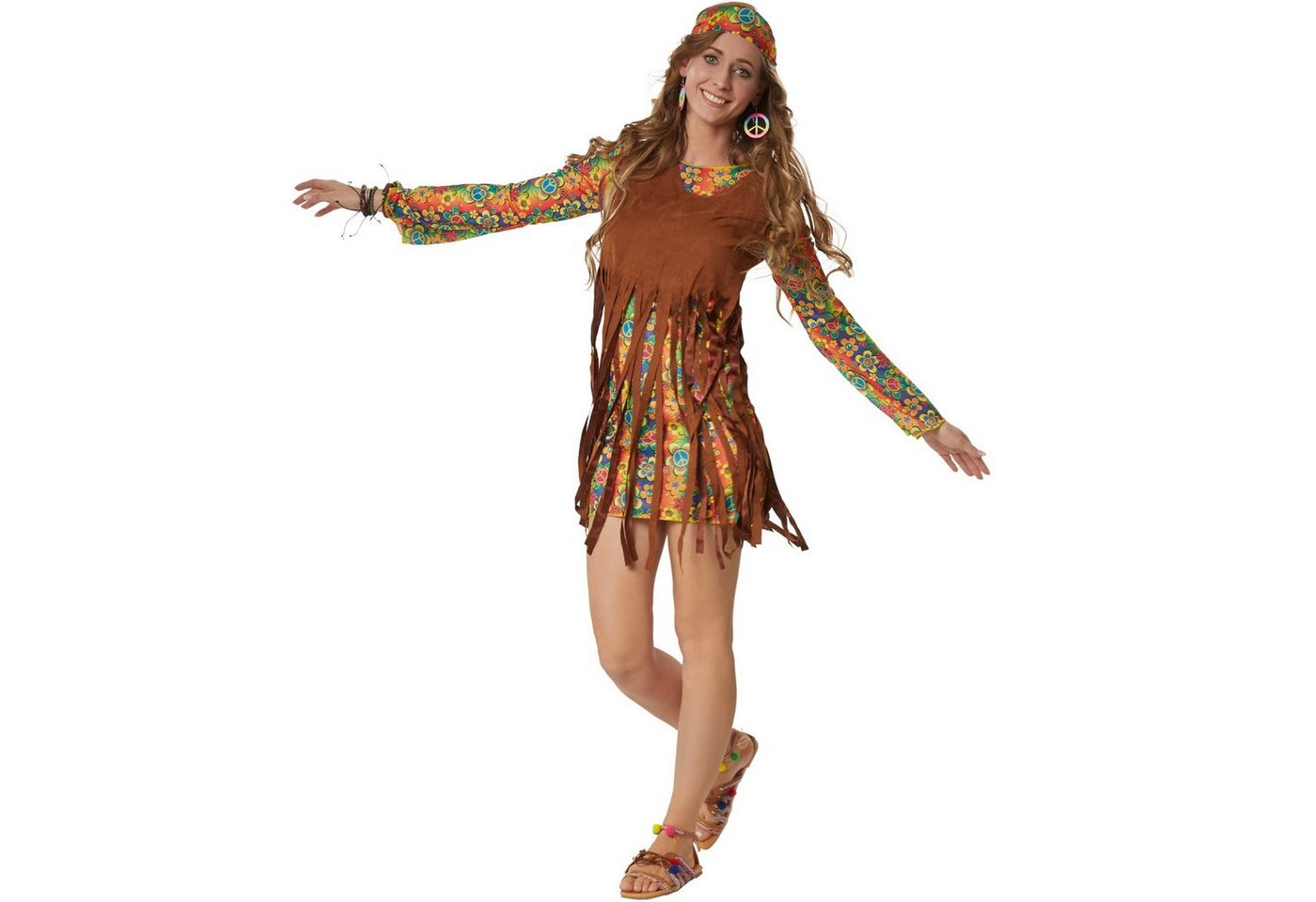 dressforfun Hippie-Kostüm Blumenkind/Friedensfreund, Gr. L, Kurzes Kleid mit bunten Mustern, in bunt, Ärmellose Weste in Wildlederoptik mit langen Fransen Bild 2