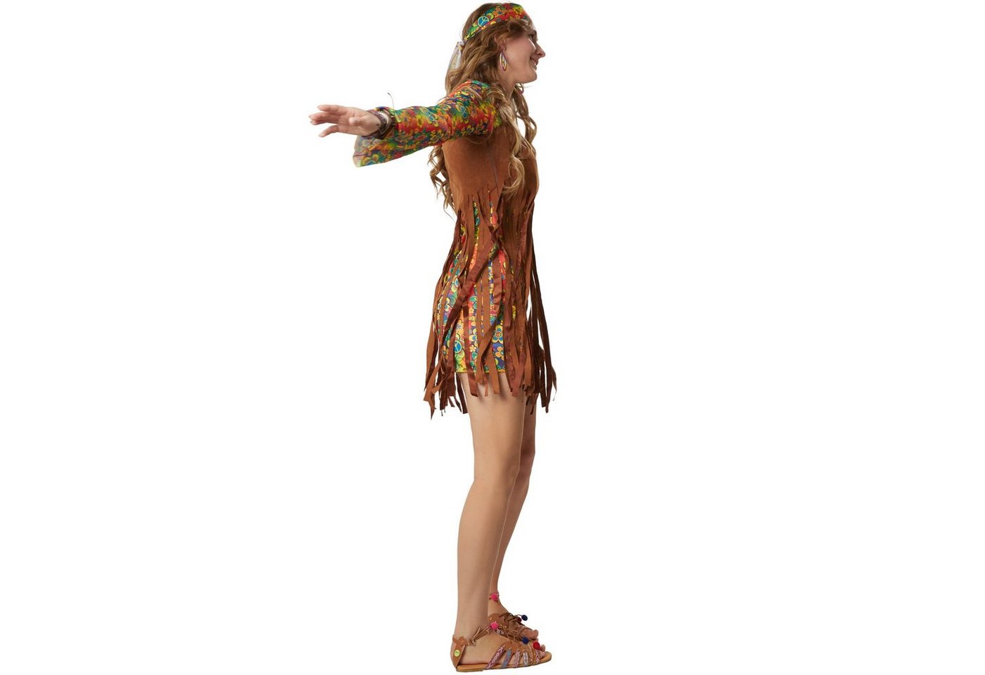 dressforfun Hippie-Kostüm Blumenkind/Friedensfreund, Gr. L, Kurzes Kleid mit bunten Mustern, in bunt, Ärmellose Weste in Wildlederoptik mit langen Fransen Bild 3