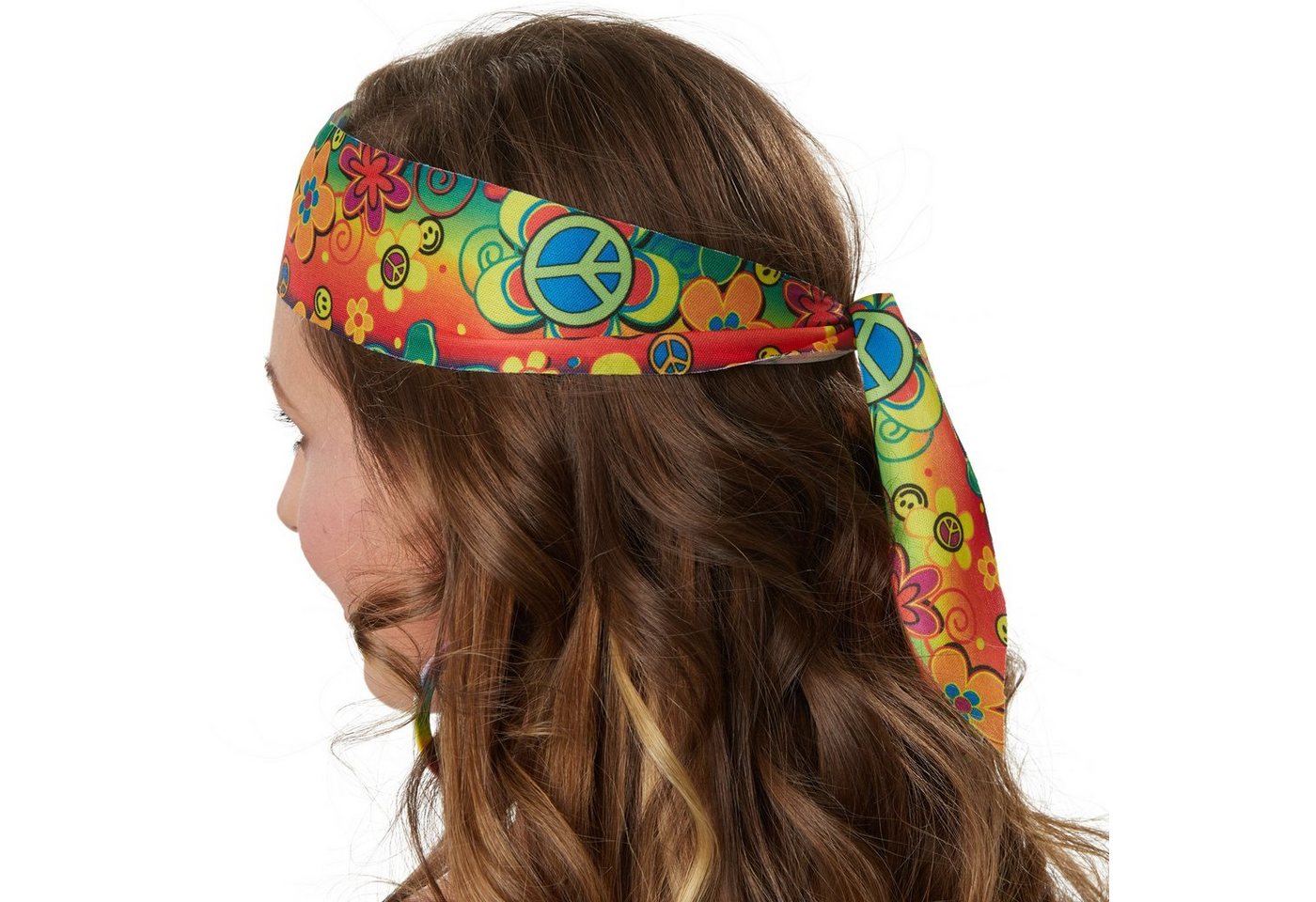 dressforfun Hippie-Kostüm Blumenkind/Friedensfreund, Gr. L, Kurzes Kleid mit bunten Mustern, in bunt, Ärmellose Weste in Wildlederoptik mit langen Fransen Bild 4