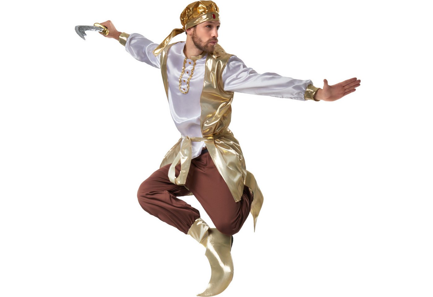 dressforfun Kostüm Herrscher/Regent, in gold, Gr. XXL, Schuhüberzieher in Schnabelform, Lange Hose mit Gummizug und abgesetztem Abschluss, Ärmelloser Kittel Bild 2