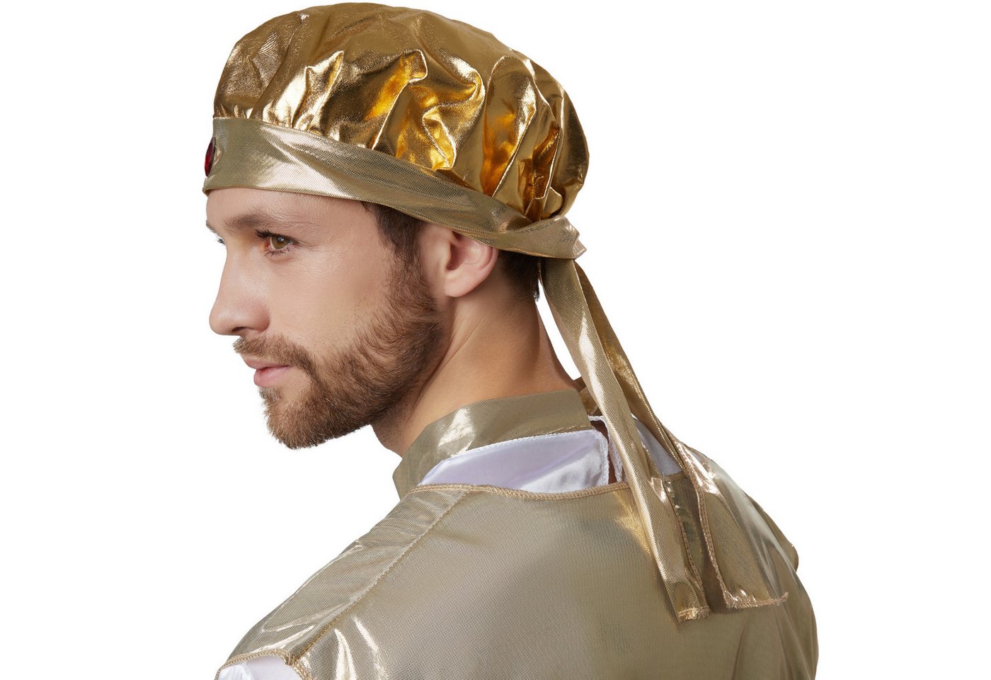 dressforfun Kostüm Herrscher/Regent, in gold, Gr. XXL, Schuhüberzieher in Schnabelform, Lange Hose mit Gummizug und abgesetztem Abschluss, Ärmelloser Kittel Bild 4