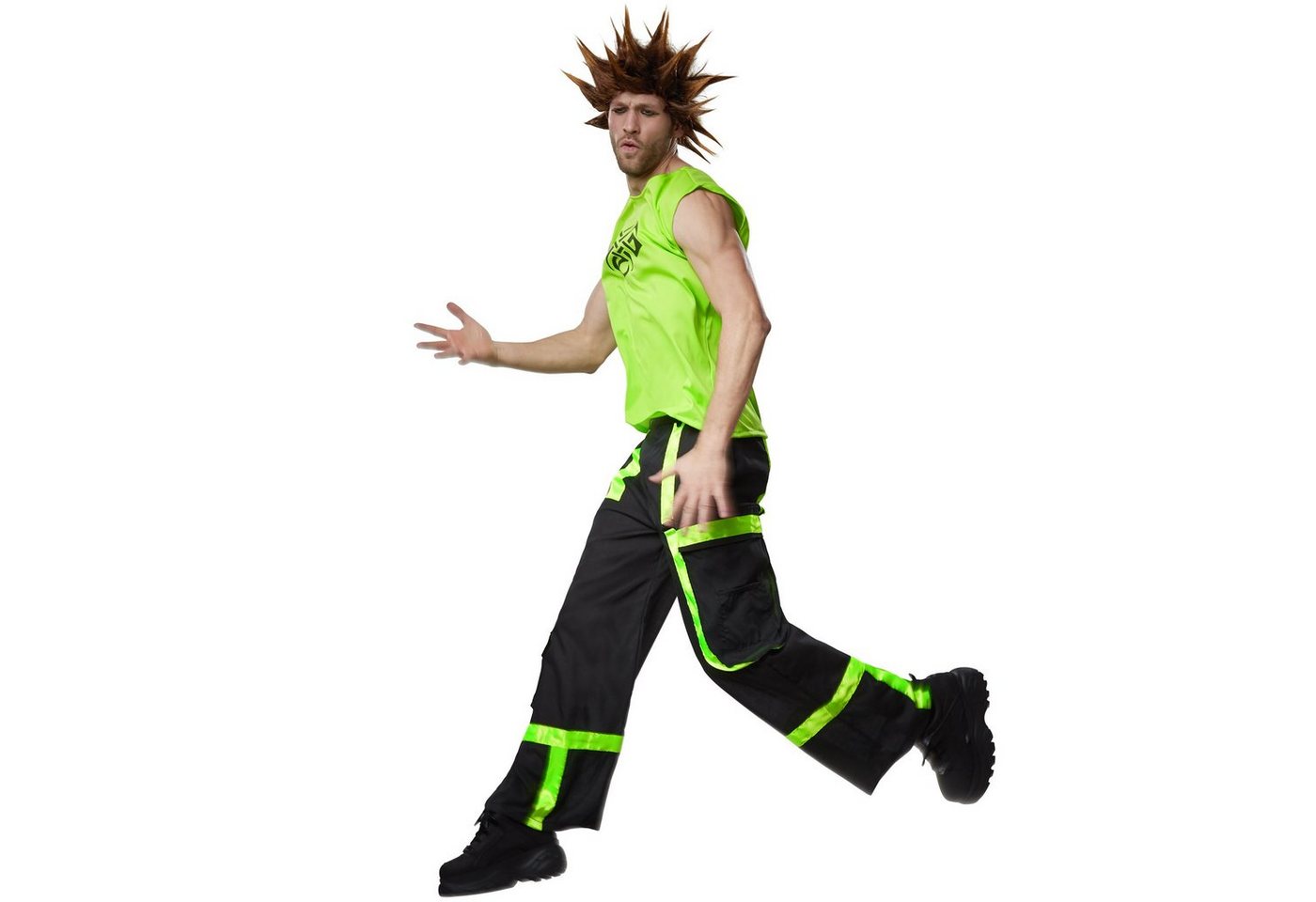 dressforfun Hippie-Kostüm Technotänzer/Discofan, Gr. XL, Reißverschluss und Gürtelschlaufen, in schwarz/grün, Ärmelloses Shirt aus neongrünem Satinstoff, Knopf Bild 2