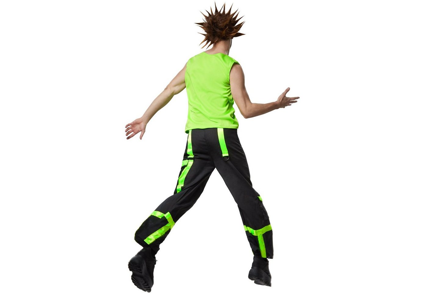 dressforfun Hippie-Kostüm Technotänzer/Discofan, Gr. XL, Reißverschluss und Gürtelschlaufen, in schwarz/grün, Ärmelloses Shirt aus neongrünem Satinstoff, Knopf Bild 5