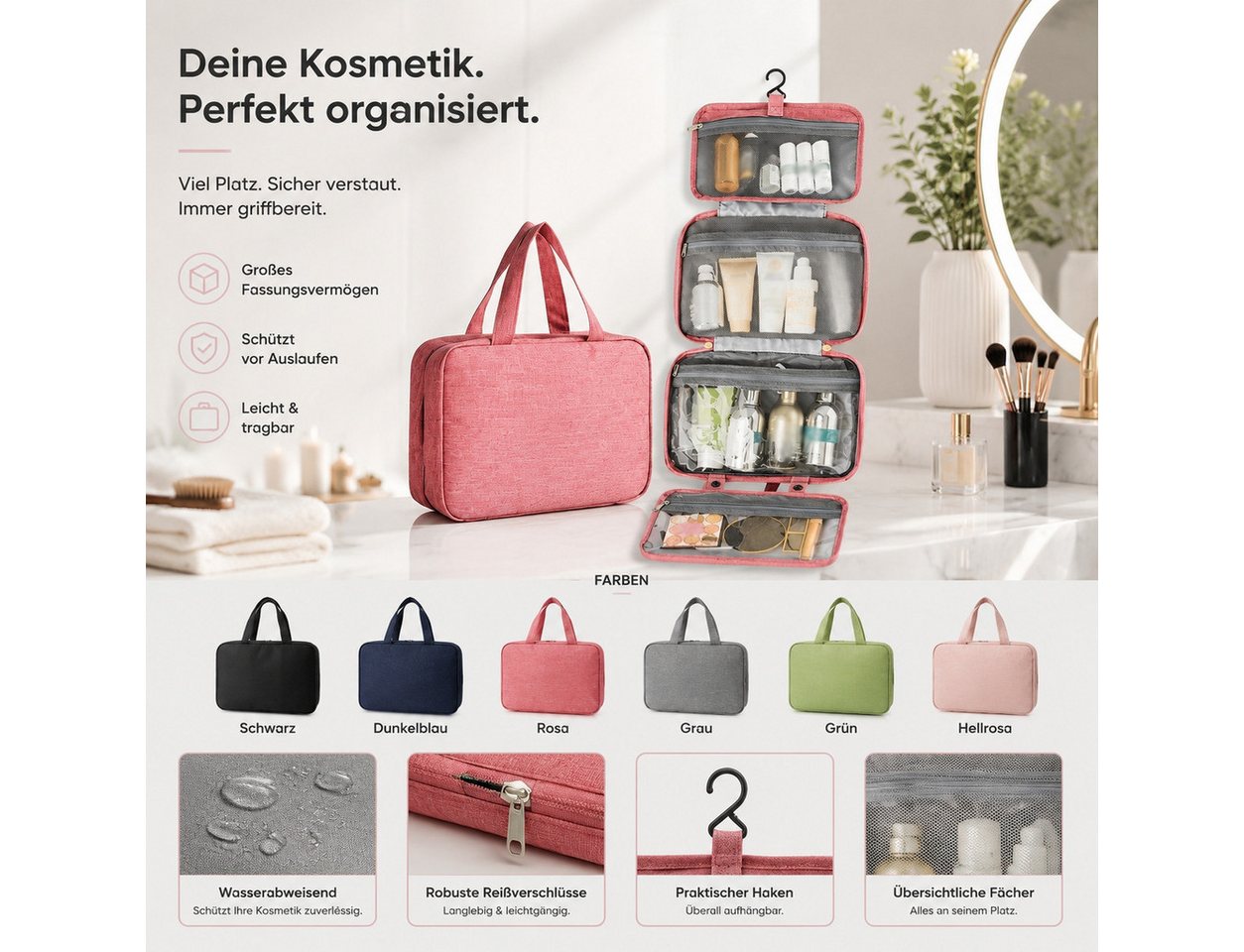 Jumpeak Kulturbeutel mehrfarbig,kompakt,Hautpflegeprodukte,Aufbewahrung,Kosmetiktasche (Spar-Set), langlebig,Kulturbeutel,Schutz,trocken,vielseitig,ReiseKosmetiktasche Bild 2