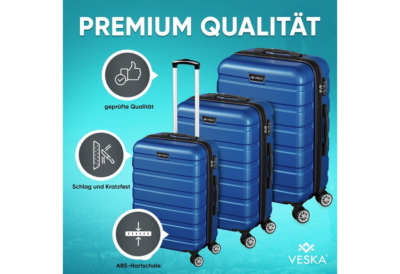 VESKA Trolleyset Hartschalenkoffer Kofferset 3 teilig mit TSA Zahlenschloss 4 Rollen, ABS-Hartschale, Reisekoffer Trolley Rollkoffer Koffer Bild 3