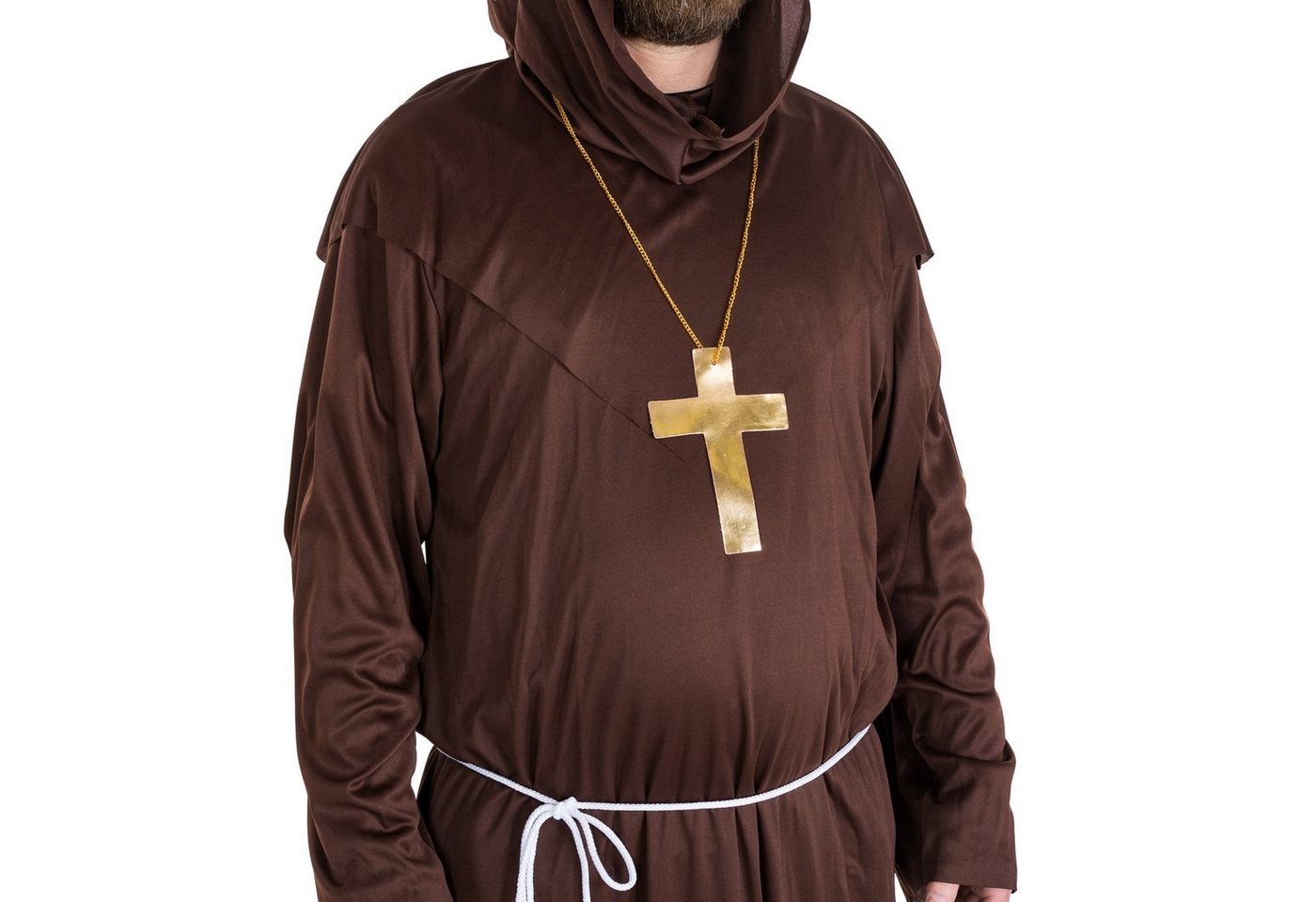 dressforfun Kostüm Priester/Geistlicher, in der Farbe braun, Kreuzkette als Highlight, Konfektionsgröße M, Mönchskutte, Separate Kapuze, Mit Bindegürtel