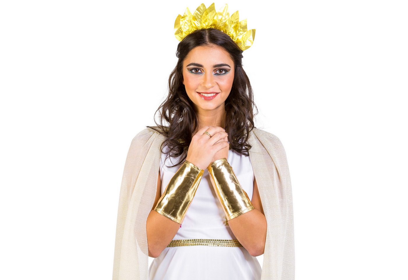 dressforfun Kostüm Unsterbliche/Göttergestalt, Gr. S, Lange goldfarbene Flügelärmel, in der Farbe weiß, Kopfschmuck im Lorbeerlook, Langes edles Kleid Bild 3