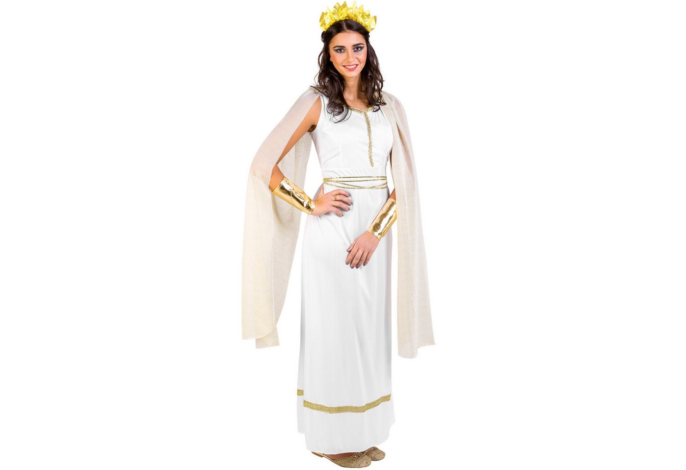 dressforfun Kostüm Unsterbliche/Göttergestalt, Gr. S, Lange goldfarbene Flügelärmel, in der Farbe weiß, Kopfschmuck im Lorbeerlook, Langes edles Kleid Bild 4