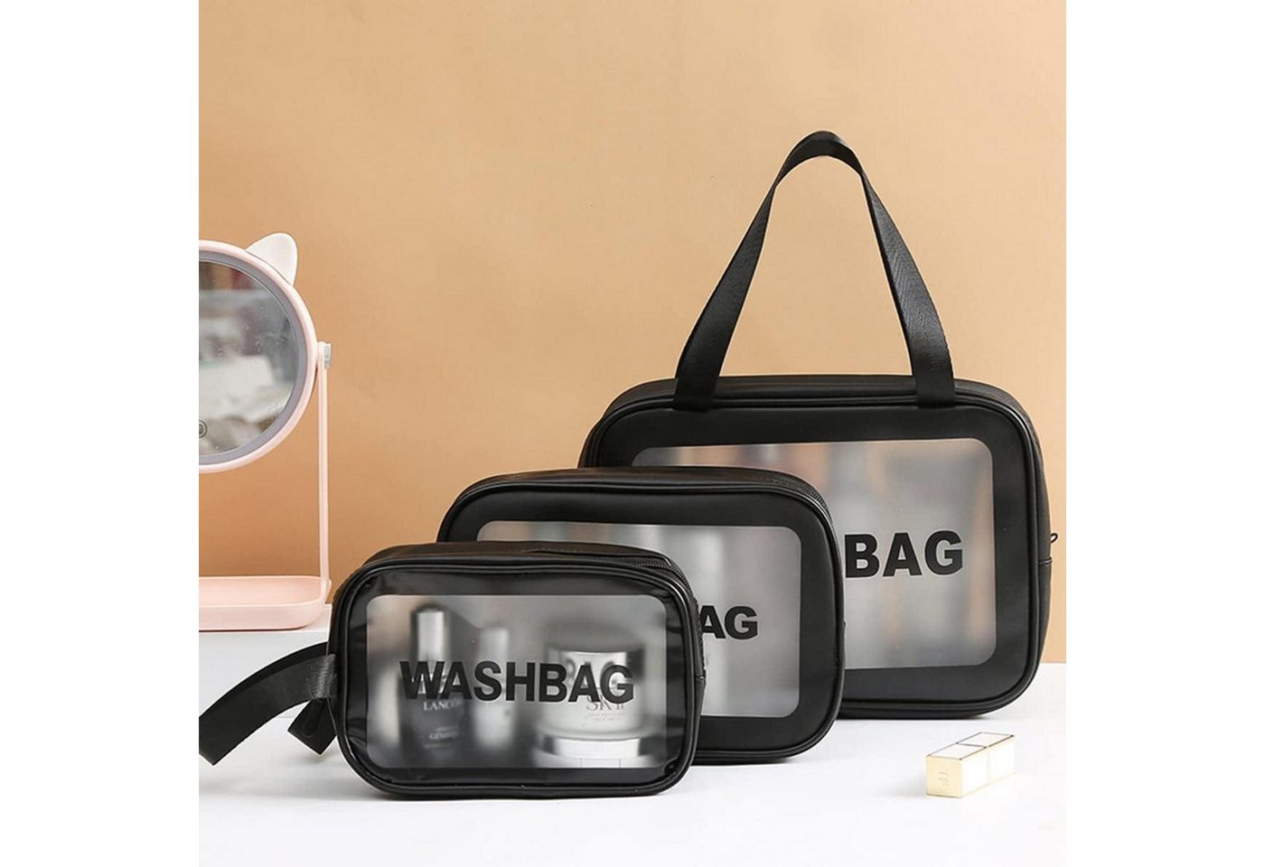 LuxusKollektion Kosmetiktasche Kosmetiktasche Transparent 3er Set Wasserdicht Schwarz