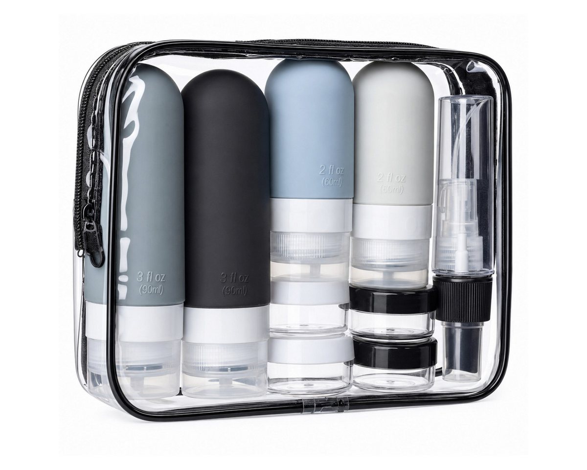 R2 Invest Kulturbeutel Transparente Kosmetiktasche mit nachfüllbaren Reiseflaschen Bild 2
