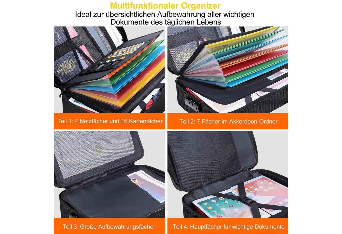 Mutig Dokumententasche Feuerfeste Dokumentenbox, Dokumententasche handtasche (Wasserfeste Dokumenten-Organizer, 5200°F A4, Etiketten, Tragbare Aktentasche Zuhause und Büro, mit 7 Fächer & 16 Kartenfächer), für Büro,im Auto, im Safe oder,sondern auch auf Reisen mitnehmen Bild 5