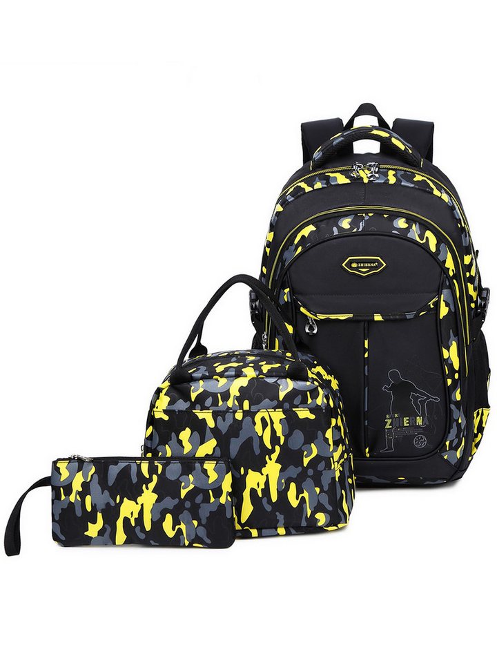 MOPUEA Schulrucksack Schulrucksack-Set Jungen Teenager coole Camouflage-Büchertaschen, mit Lunchbox, Federmäppchen, 3-teilig