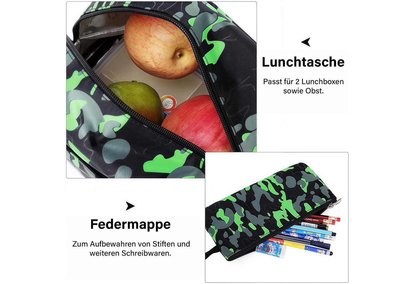 MOPUEA Schulrucksack Schulrucksack-Set Jungen Teenager coole Camouflage-Büchertaschen, mit Lunchbox, Federmäppchen, 3-teilig Bild 2