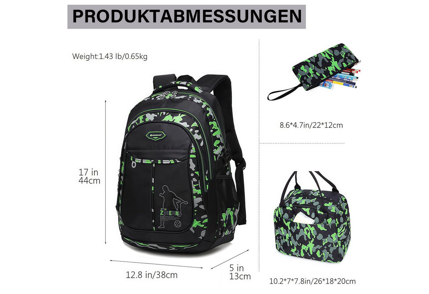 MOPUEA Schulrucksack Schulrucksack-Set Jungen Teenager coole Camouflage-Büchertaschen, mit Lunchbox, Federmäppchen, 3-teilig Bild 3