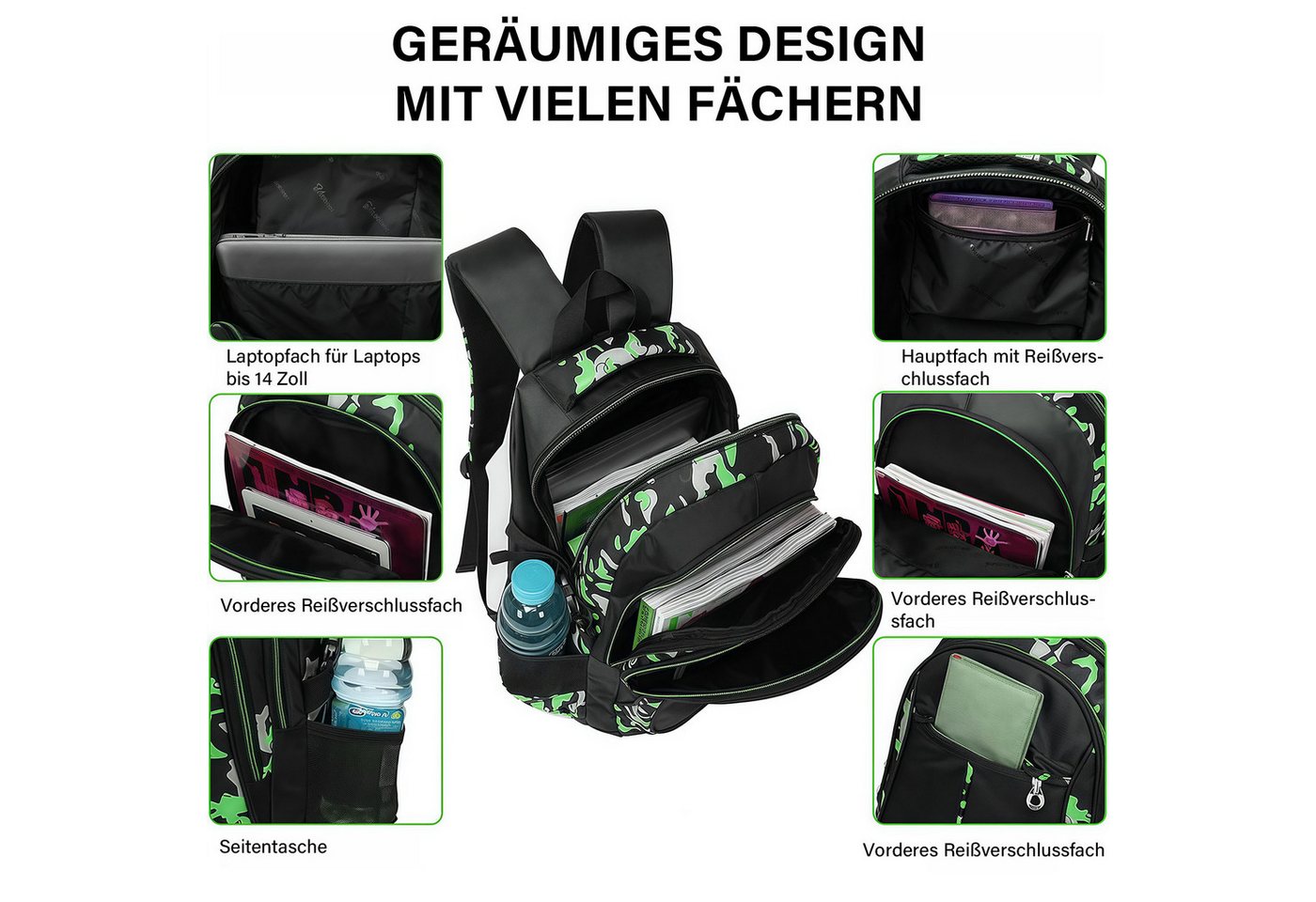 MOPUEA Schulrucksack Schulrucksack-Set Jungen Teenager coole Camouflage-Büchertaschen, mit Lunchbox, Federmäppchen, 3-teilig Bild 4