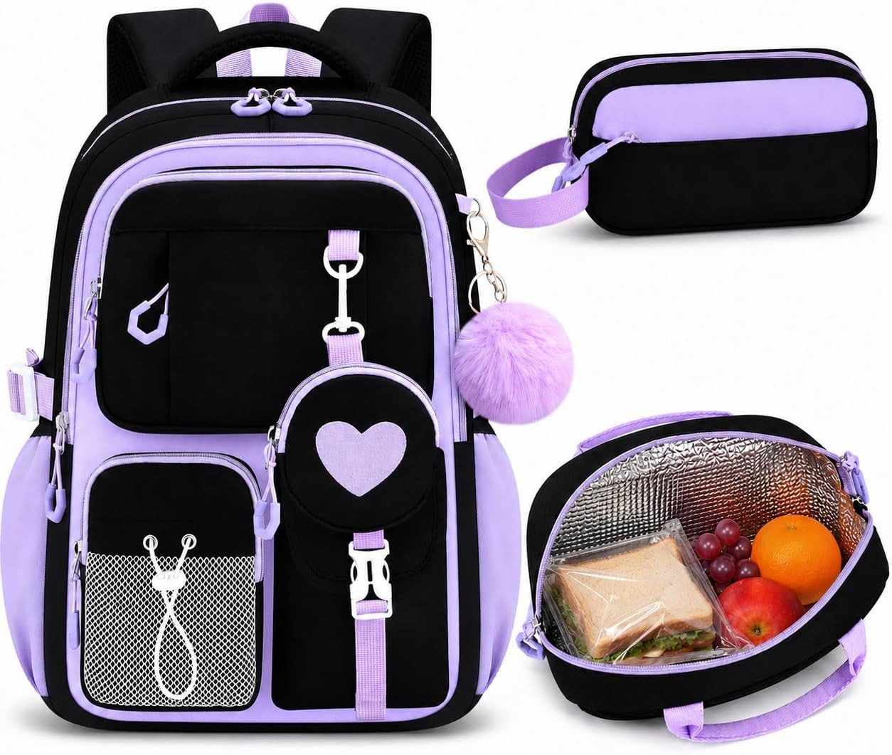 MOPUEA Schulrucksack Schulrucksack Set 3-tlg Wasserabweisend Ergonomisch mit Viele Fächer (3-teiliges Schulrucksack Set für Schule und Freizeit, 3-teiliges Schulrucksack Set für Schule und Freizeit), 17,6 Zoll Laptopfach leicht ergonomisch isolierte Lunch Tasche Bild 2