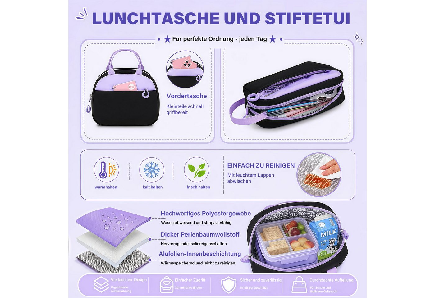 MOPUEA Schulrucksack Schulrucksack Set 3-tlg Wasserabweisend Ergonomisch mit Viele Fächer (3-teiliges Schulrucksack Set für Schule und Freizeit, 3-teiliges Schulrucksack Set für Schule und Freizeit), 17,6 Zoll Laptopfach leicht ergonomisch isolierte Lunch Tasche Bild 3