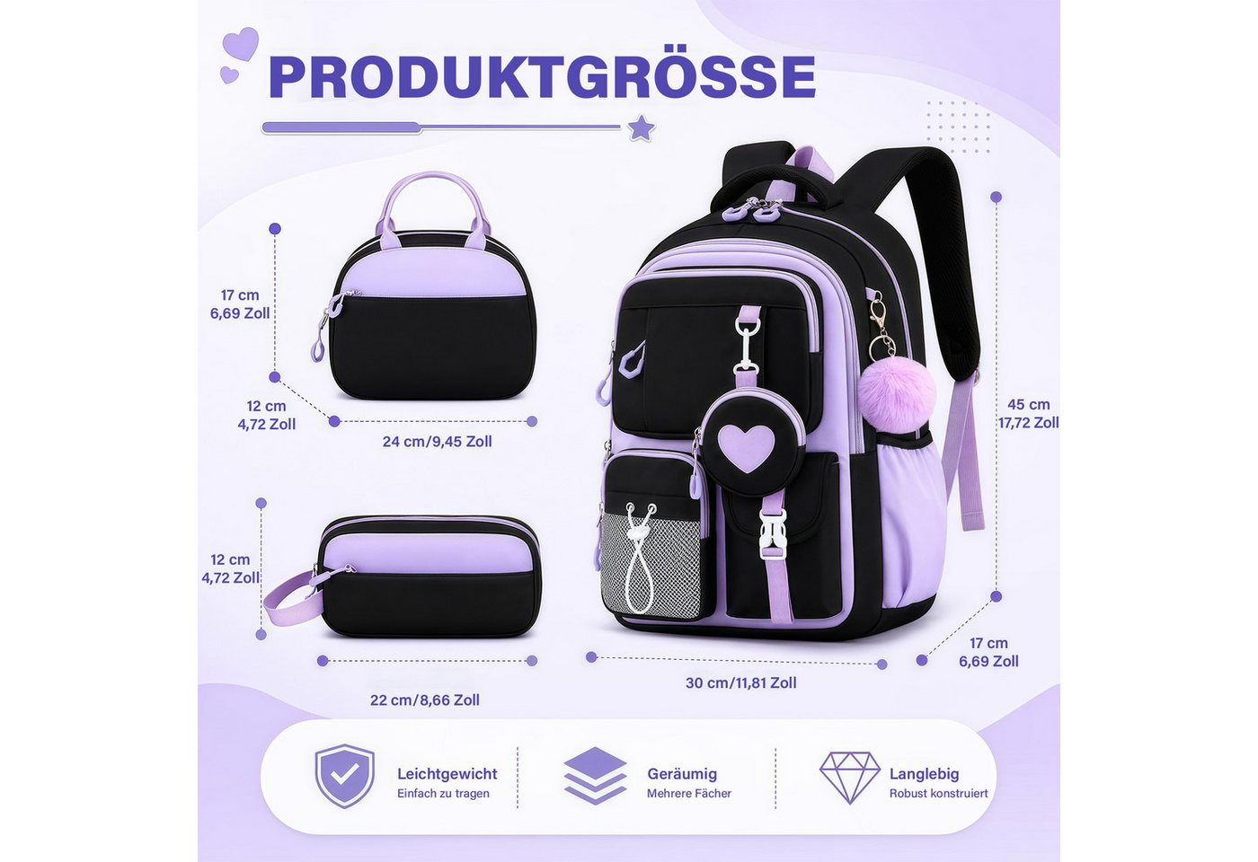 MOPUEA Schulrucksack Schulrucksack Set 3-tlg Wasserabweisend Ergonomisch mit Viele Fächer (3-teiliges Schulrucksack Set für Schule und Freizeit, 3-teiliges Schulrucksack Set für Schule und Freizeit), 17,6 Zoll Laptopfach leicht ergonomisch isolierte Lunch Tasche Bild 4
