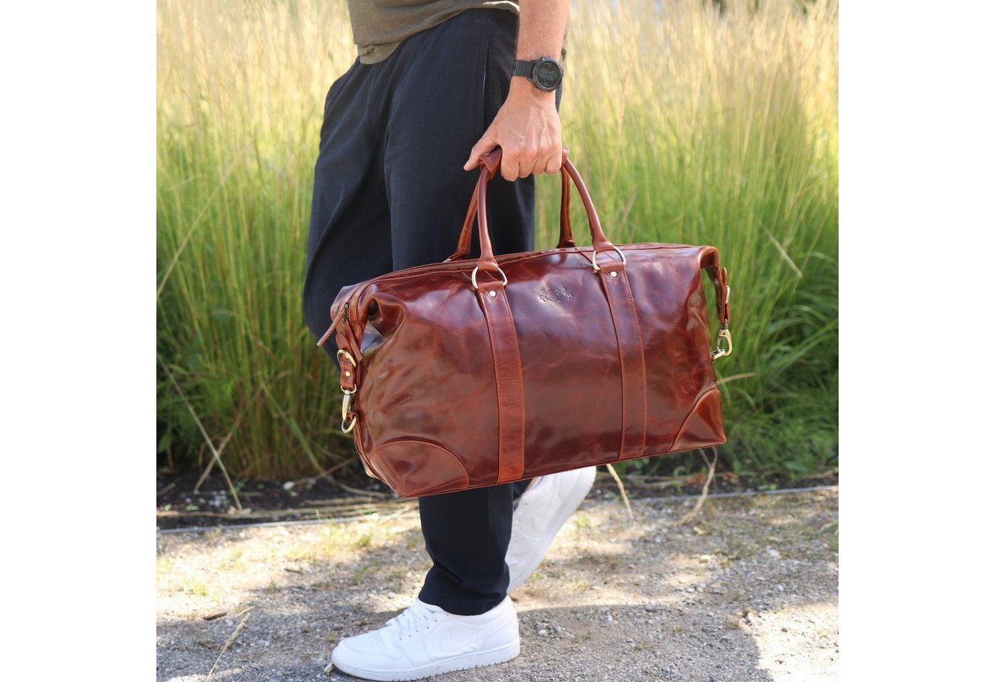 SID & VAIN Reisetasche echt Leder Weekender groß Ledertasche tan AUSTIN, Echtleder Reisegepäck für Damen & Herren, Sporttasche XL Hellbraun