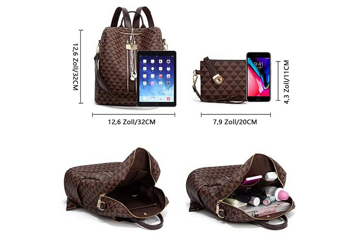 REDOM Rucksack Handtasche Freizeitrucksack Umhängetasche (32x32x14 cm Lederrucksäcke mit 20x11 cm Handtasche Kunstleder, 2-tlg., Schultertasche, Schule Rucksack, Notebook Laptop Tasche, Vintage), für Damen Freizeit Arbeit Business Reisen Bild 3