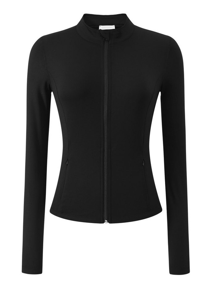 SASSYCLASSY Trainingsjacke Funktionale Sportjacke Damen mit Reißverschluss Sportswear Outdoor Trainingsjacke atmungsaktiv Leo-Print Beige Schwarz Bild 2