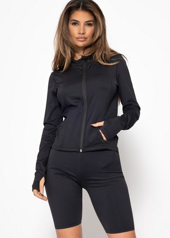 SASSYCLASSY Trainingsjacke Funktionale Sportjacke Damen mit Reißverschluss Sportswear Outdoor Trainingsjacke atmungsaktiv Leo-Print Beige Schwarz Bild 5