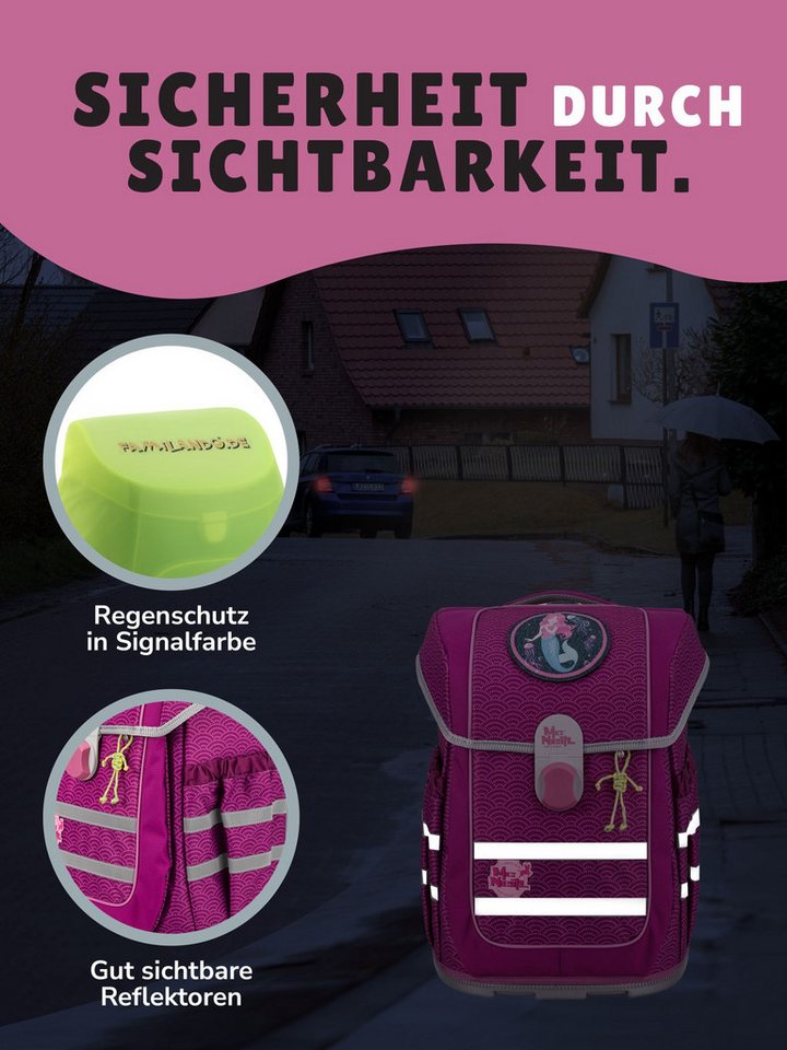 McNeill Schulranzen Ergo Complete 1.-4. Klasse ergonomisch, leicht, Volumen 20 Liter (Set, 6-tlg., inkl. Federmäppchen, Turnbeutel, Schlamper und Motivmagnet), ClickFlex-Rückensystem, Reflektoren, inkl. McAddy Meerjungfrau