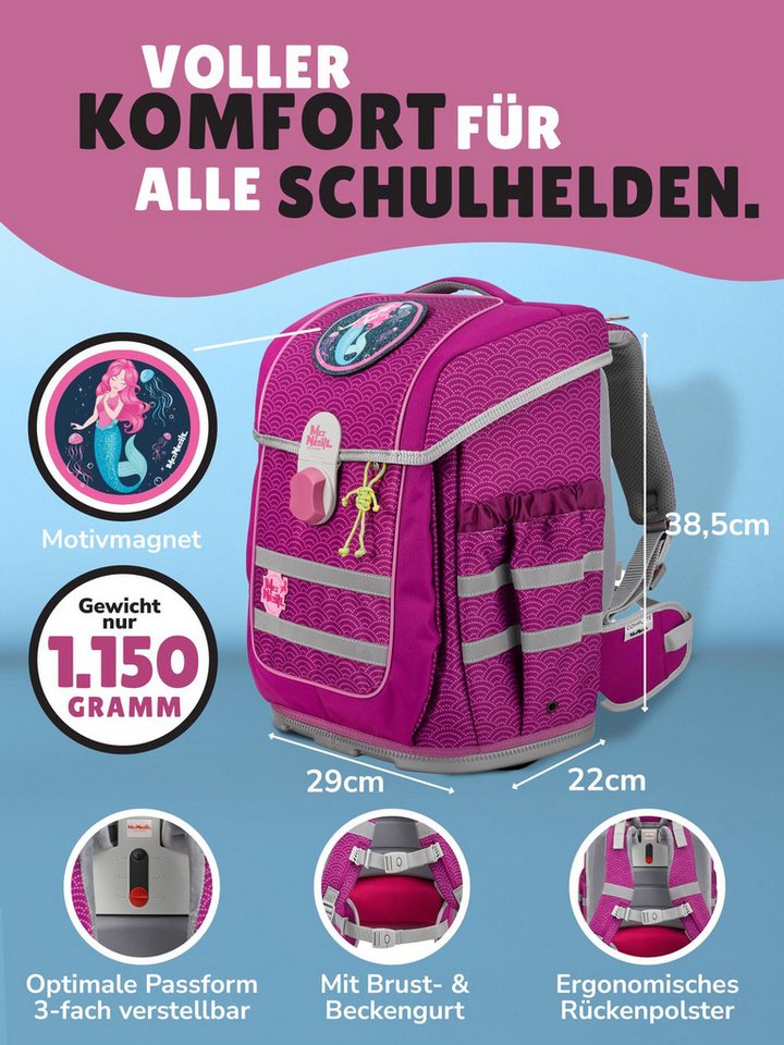 McNeill Schulranzen Ergo Complete 1.-4. Klasse ergonomisch, leicht, Volumen 20 Liter (Set, 6-tlg., inkl. Federmäppchen, Turnbeutel, Schlamper und Motivmagnet), ClickFlex-Rückensystem, Reflektoren, inkl. McAddy Meerjungfrau Bild 2