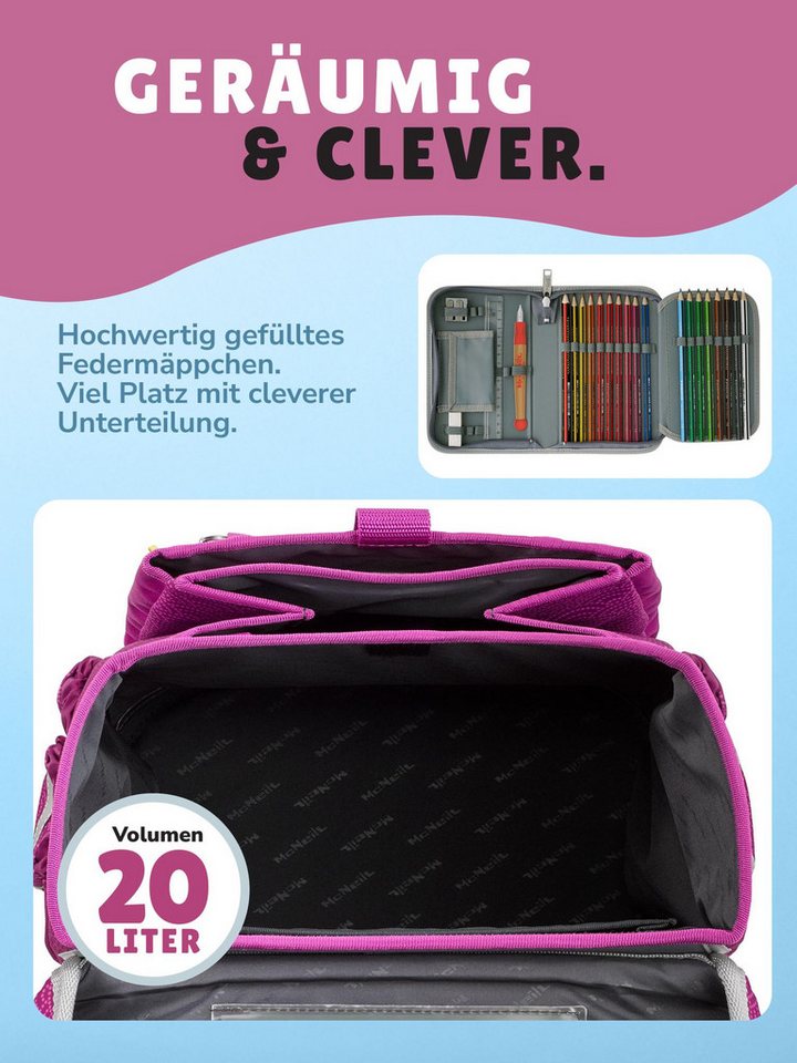McNeill Schulranzen Ergo Complete 1.-4. Klasse ergonomisch, leicht, Volumen 20 Liter (Set, 6-tlg., inkl. Federmäppchen, Turnbeutel, Schlamper und Motivmagnet), ClickFlex-Rückensystem, Reflektoren, inkl. McAddy Meerjungfrau Bild 3