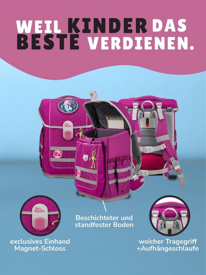 McNeill Schulranzen Ergo Complete 1.-4. Klasse ergonomisch, leicht, Volumen 20 Liter (Set, 6-tlg., inkl. Federmäppchen, Turnbeutel, Schlamper und Motivmagnet), ClickFlex-Rückensystem, Reflektoren, inkl. McAddy Meerjungfrau Bild 5